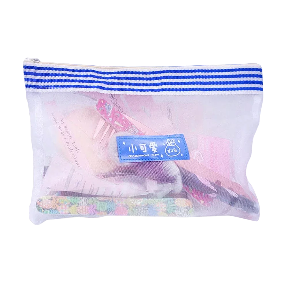 PORTA COSMETICOS TIPO RED TRANSPARENTE C/ RAYAS AZULES (Grande)