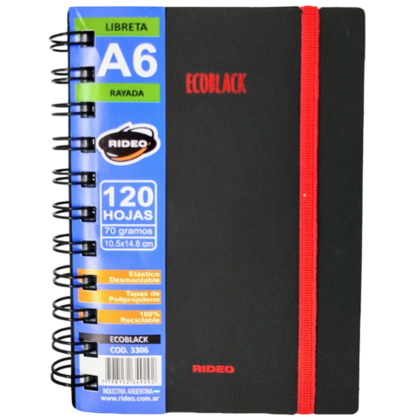 LIBRETAS TAPA PLASTICA - ECOBLACK - C/ ESPIRAL 10 X 15 A6 RIDEO (HOJA RAYADA) 120 HOJAS - Imagen 2