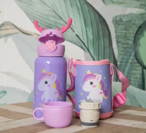 BOTELLA / TERMO INFANTIL * UNICORNIO * C/ FUNDA 2 EN 1 ---> TAPA DE TERMO + PICO TIPO SORBETE 500ML ACERO INOXIDABLE