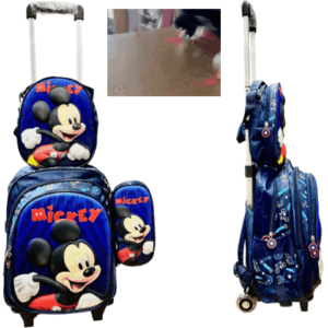 Set x 3 *MICKEY MOUSE* Mochila Con Carro + Lonchera Termica + Cartuchera -Ruedas con Luces- Escolar 3D