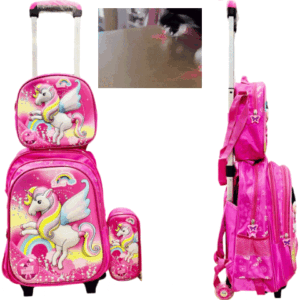 Set x 3 *UNICORNIOS* Mochila Con Carro + Lonchera Termica + Cartuchera -Ruedas con Luces- Escolar 3D