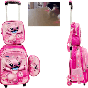 Set x 3 *STICH* Mochila Con Carro + Lonchera Termica + Cartuchera -Ruedas con Luces- Escolar 3D