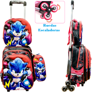 Set x 3 *SONIC* Mochila Con Carro 3D + Lonchera Termica + Cartuchera -Ruedas Escaladoras x 3 Reforzadas- Escolar