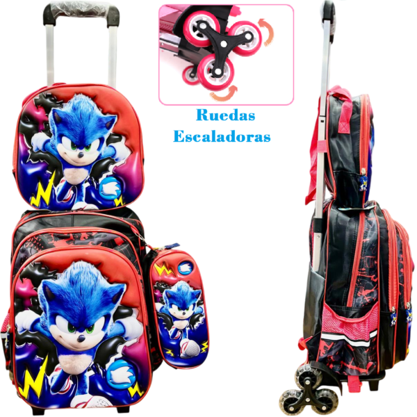 Set x 3 *SONIC* Mochila Con Carro 3D + Lonchera Termica + Cartuchera -Ruedas Escaladoras x 3 Reforzadas- Escolar