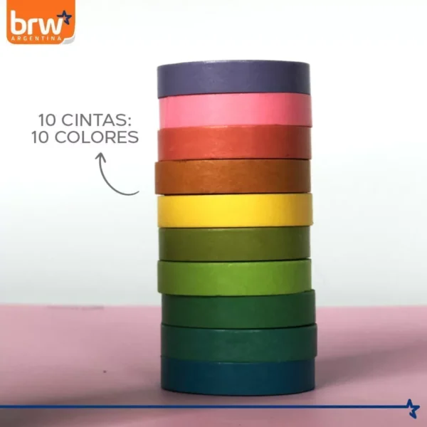 CINTA BRW " SLIM X 10 UNIDADES " 5 MTS WASHI TAPE DECORATIVA - Imagen 2