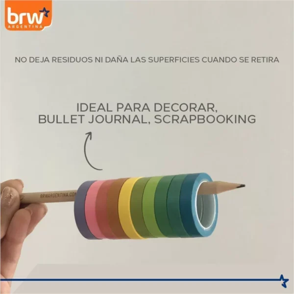 CINTA BRW " SLIM X 10 UNIDADES " 5 MTS WASHI TAPE DECORATIVA - Imagen 5