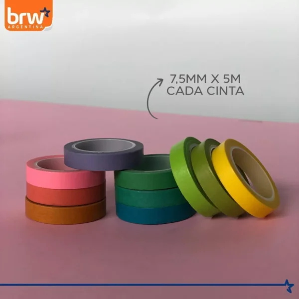 CINTA BRW " SLIM X 10 UNIDADES " 5 MTS WASHI TAPE DECORATIVA - Imagen 3