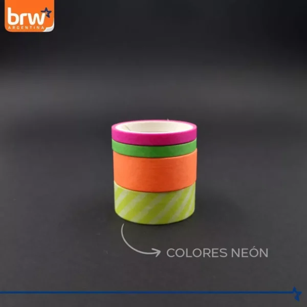 CINTA BRW " NEON X 4 UNIDADES " 3 MTS WASHI TAPE DECORATIVA - Imagen 2