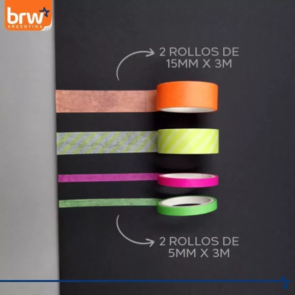 CINTA BRW " NEON X 4 UNIDADES " 3 MTS WASHI TAPE DECORATIVA - Imagen 3