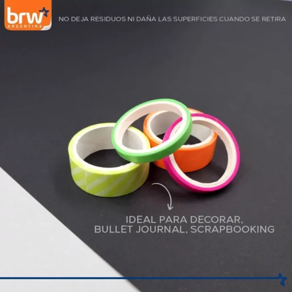 CINTA BRW " NEON X 4 UNIDADES " 3 MTS WASHI TAPE DECORATIVA - Imagen 6