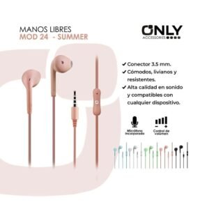 Auriculares ONLY **  SUMMER ROSA PASTEL ** c/ Micrófono - (TIPO SAMSUNG - SIN GOMITA)
