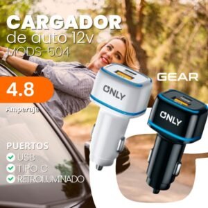 Cargador de Auto para Celular " Only GEAR + Cable Tipo C" (Carga Rápida 20W) 12 V