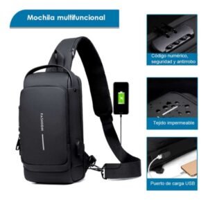 Pechera Cruzada de Seguridad * Negra Antirrobo * Reforzada + USB + Candado de combinación