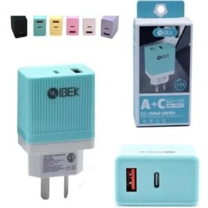 CABEZAL ** IBEK ** 5.8A (SIN CABLE) CARGADOR - SALIDA USB + TIPO C - ENCHUFE