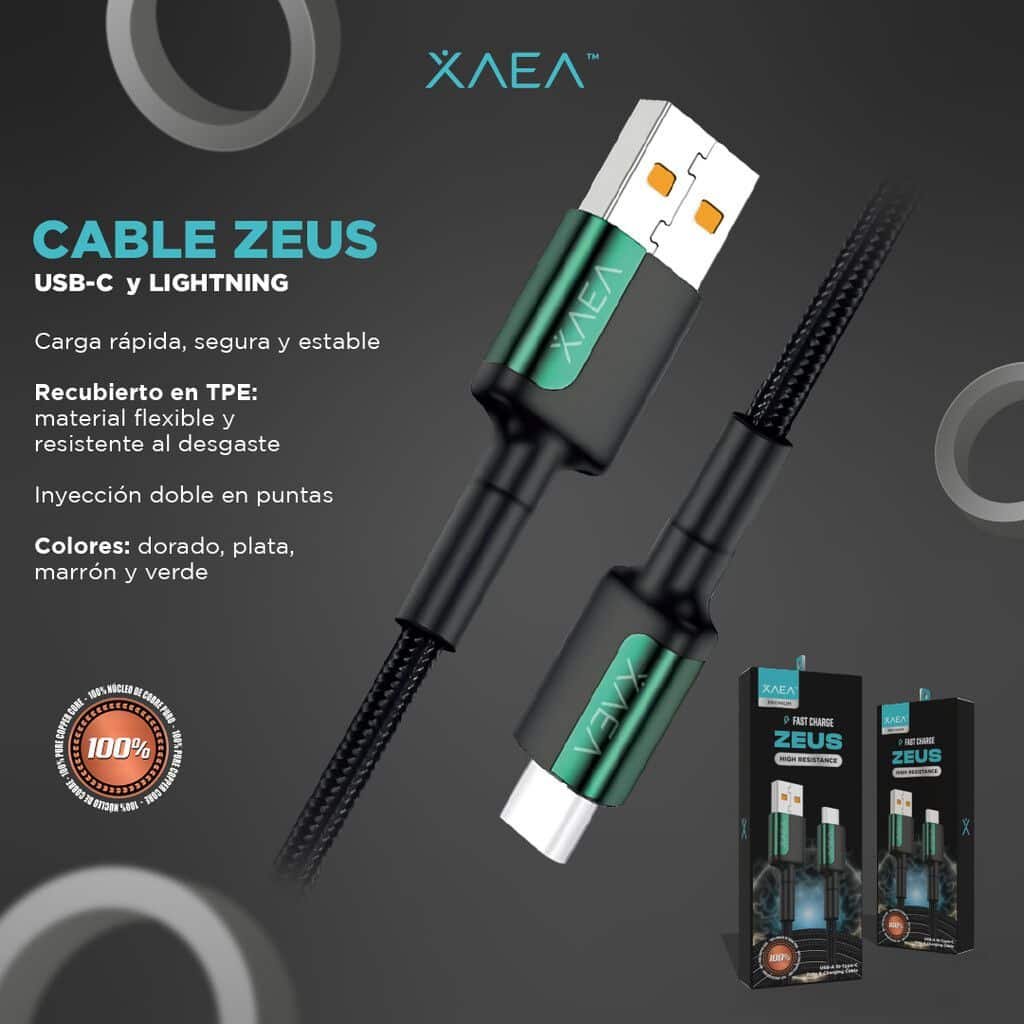Cable USB * XAEA ZEUS * - Carga Ultra Rapida - TIPO "C" 1 mts (Similar al Original)
