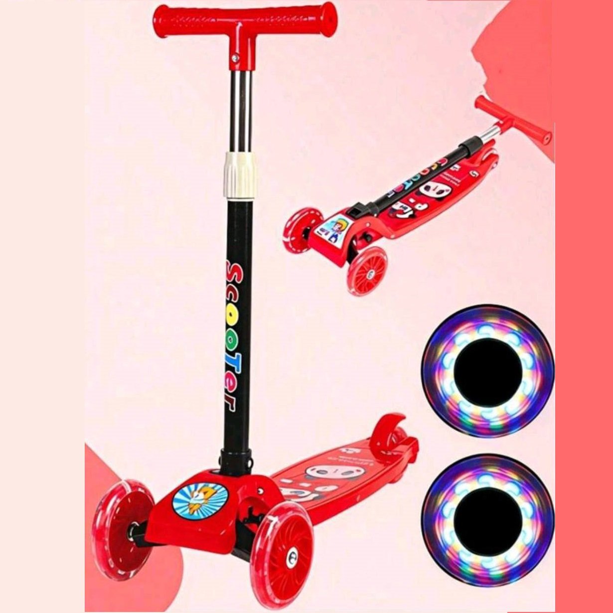 Monopatin Plegable - Scooter Rojo - 3 Ruedas c/ Luz