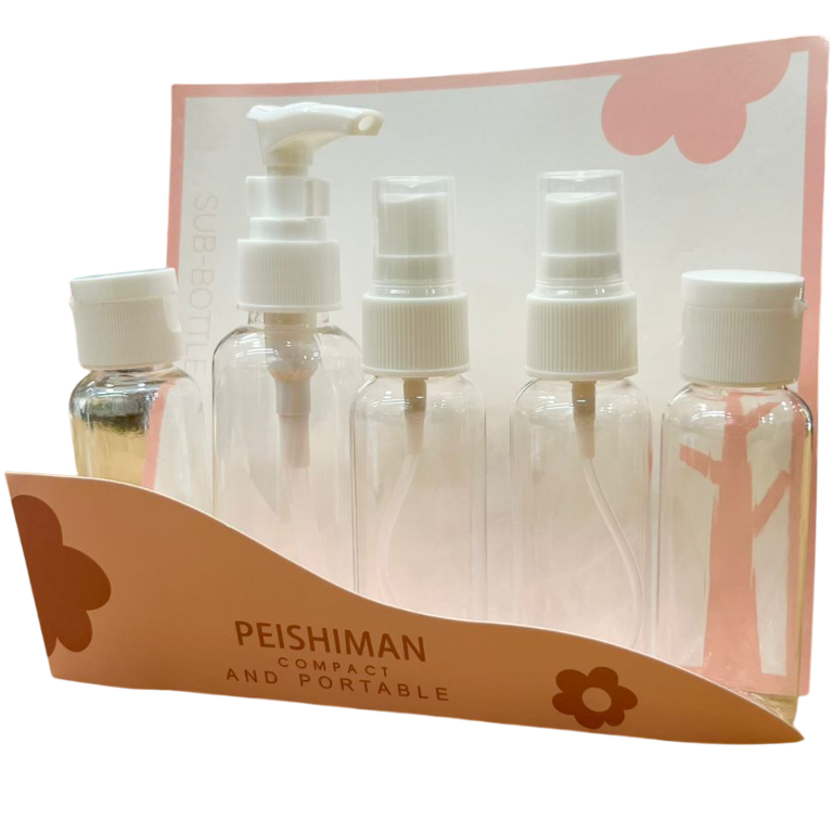 KIT FRASCOS DE VIAJE P/ COSMETICOS x 5 UNIDADES + BOLSA ZIP