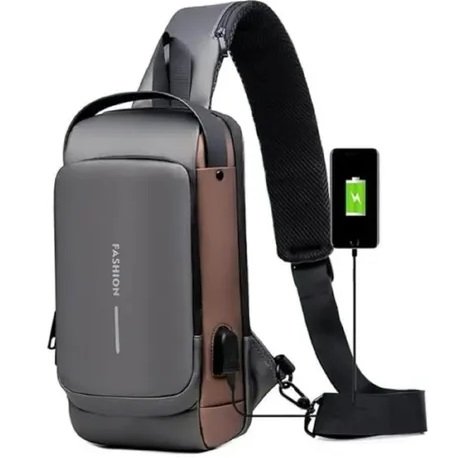 Pechera Cruzada de Seguridad * Gris Combinado Antirrobo * Reforzada + USB + Candado de combinación