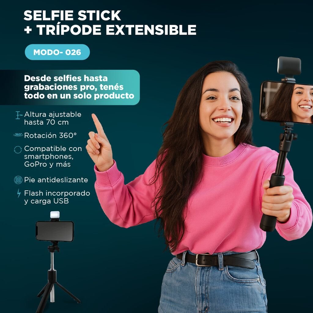 TRIPODE EXTENSIBLE SELFIE STICK - STARK - C/ FLASH (Tripode y Palo de Selfie con Boton Bluetooth)