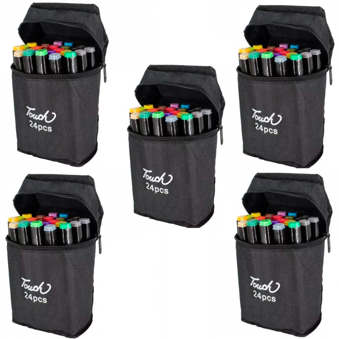 COMBO REVENDEDORES x 5 ESTUCHES Marcadores Touch de Artistica Doble Punta x 24 Unidades + Estuche de Tela c/ Base Premium