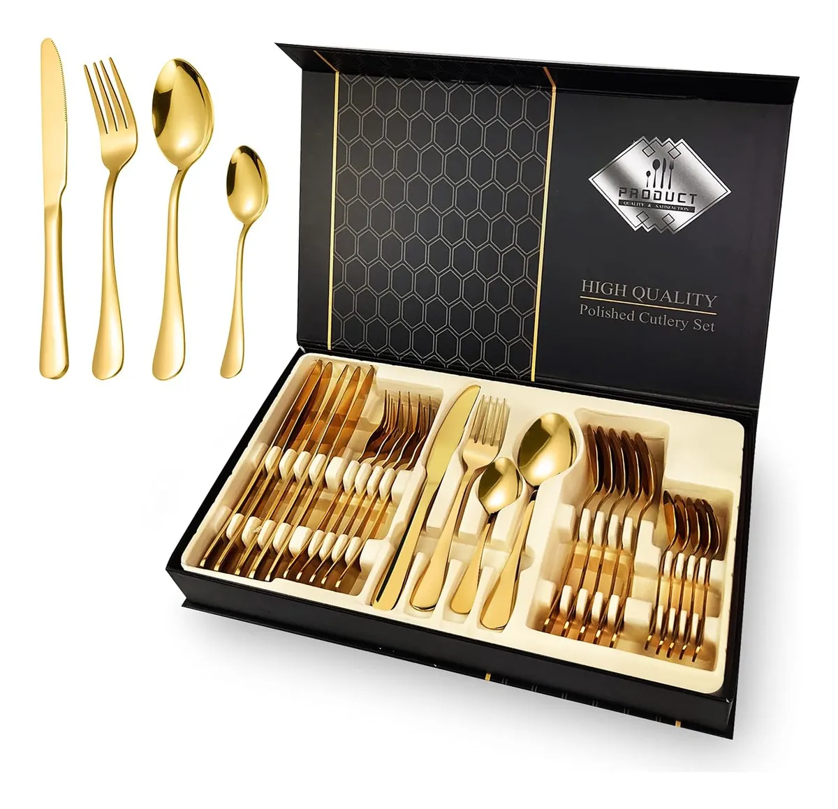 Cubiertos - Dorados Set x 24 Piezas - De Acero Inoxidable Dorado + Estuche Imantado