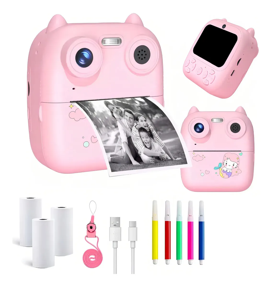 Camara Rosa Infantil C/ Impresora y Flash + Correa + 3 Rollitos de papel Termico + Fibritas para colorear