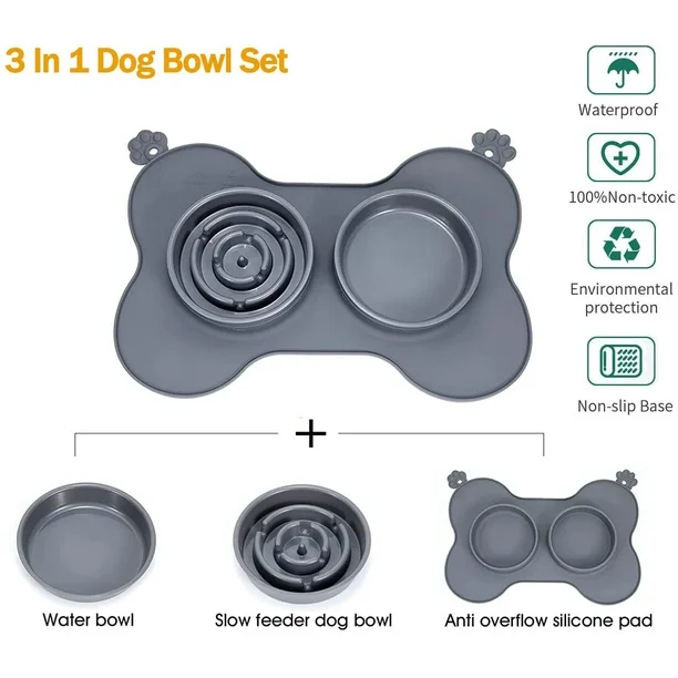 Platos DOBLES Tazón Alimentación Lenta (Comida y Agua) Silic0na Antideslizante - Antihongo