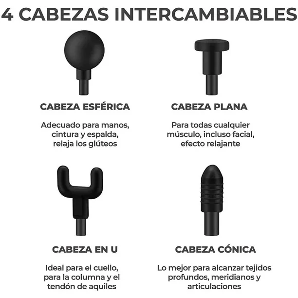 Pistolas para Masajes - MASSAGE GUN - 4 Cabezales Intercambiables * Muscular / Cuerpo / Facial * Recargable