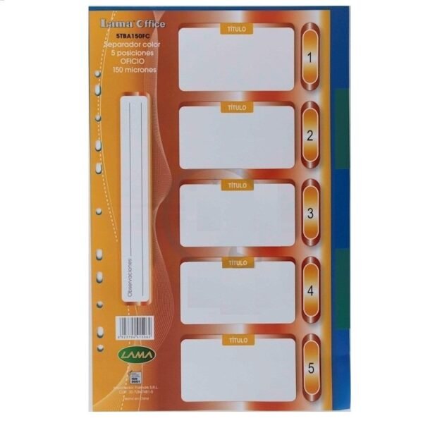 Separadores de Materias LAMA " TRADICIONAL " Tamaño OFICIO x 5 unidades (Plastico)
