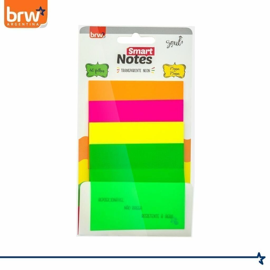 Notas Adhesivas BRW "NEÓN TRANSPARENTES" 75 x 75 - 4 COLORES - (TRANSPARENTES - RESALTADOR)