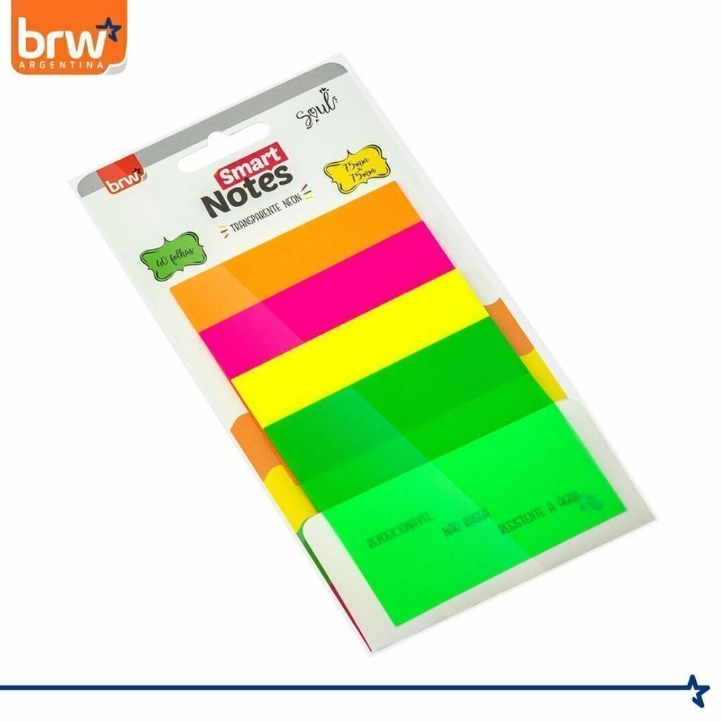 Notas Adhesivas BRW "NEÓN TRANSPARENTES" 75 x 75 - 4 COLORES - (TRANSPARENTES - RESALTADOR)