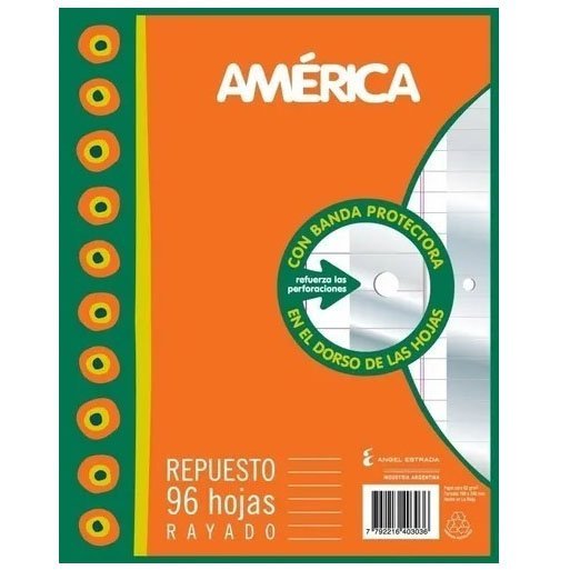 Repuesto Escolar America x 96 hojas C/ MARGEN REFORZADO