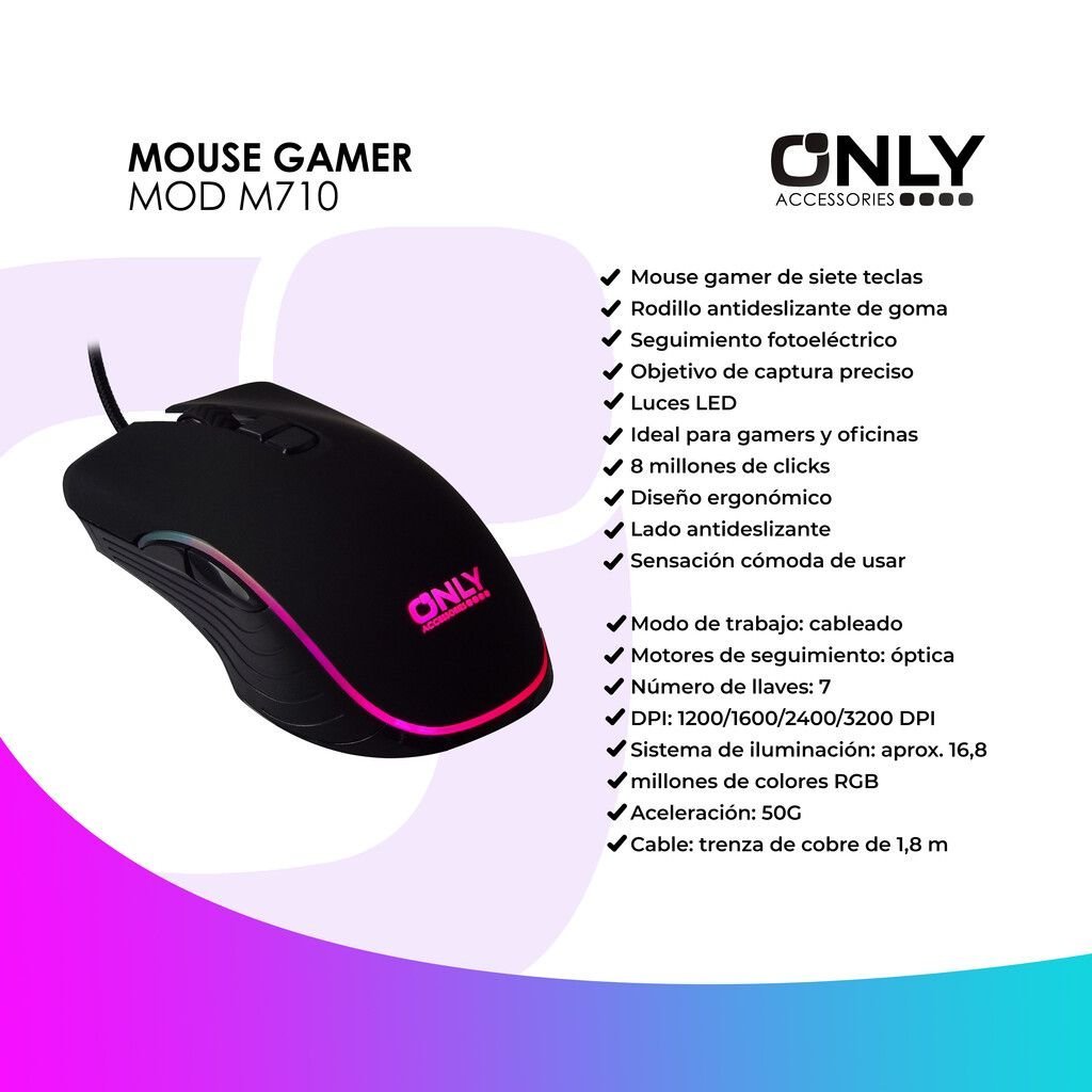 Mouse GAMER Retroiluminado ONLY * MOD M710 (7 Teclas) * Kble Trenzado USB Reforzado