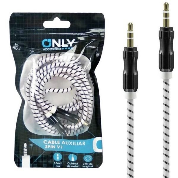 Cable AUXILIAR 3.5 * ONLY * Jack Cabezal de metal - 2 Metros de cable Reforzado -