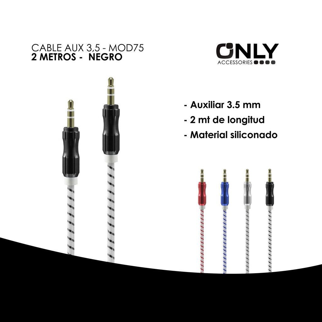 Cable AUXILIAR 3.5 * ONLY * Jack Cabezal de metal - 2 Metros de cable Reforzado -