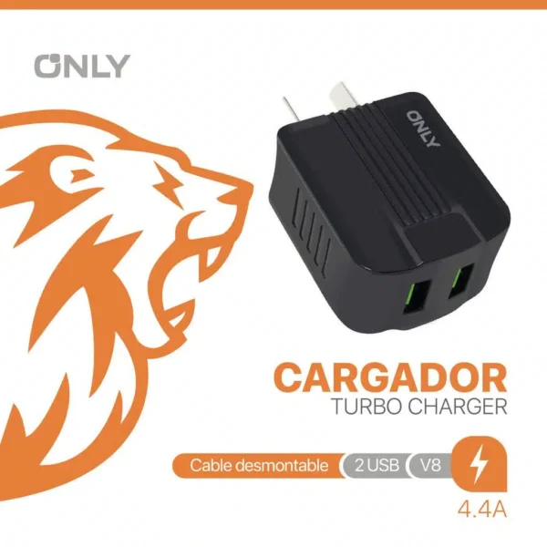 Cargador para Celular * ONLY * V8 4.4A TURBO POWER MICRO USB (KBLE DESMONTABLE) CARGA RAPIDA