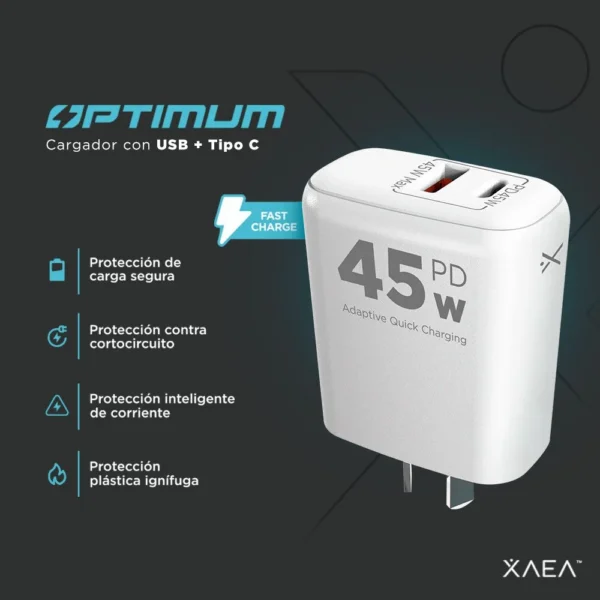 CABEZAL ** XAEA OPTIMUM ** 45W (SIN CABLE) CARGADOR - Carga ULTRA RAPIDA - ENCHUFE PREMIUM / Entrada USB + Tipo C /