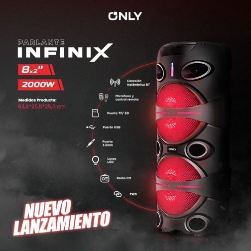 Parlantes Torre ONLY " INFINIX 8" x 2 " 2000W - KARAOKE (INCLUYE MICROFONO) C/ LUCES Bluetooth Inalámbrico (PREMIUM)