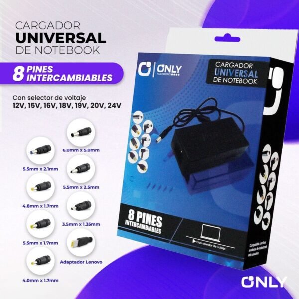 Cargador Universal P/ Notebook - ONLY C/ Selector de Voltaje - 8 Puntas Intercambiables