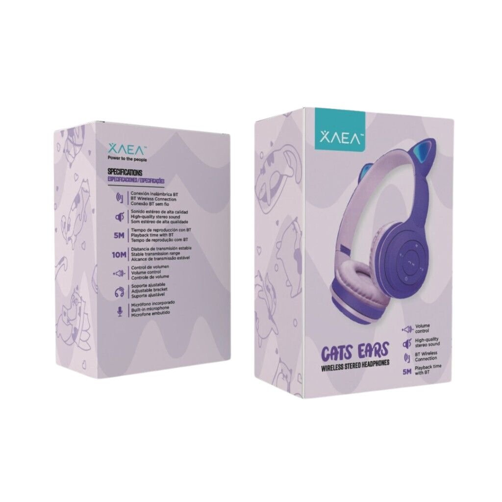 Auriculares Inalámbricos XAEA * GATITO LILA * Con Luz Bluetooth