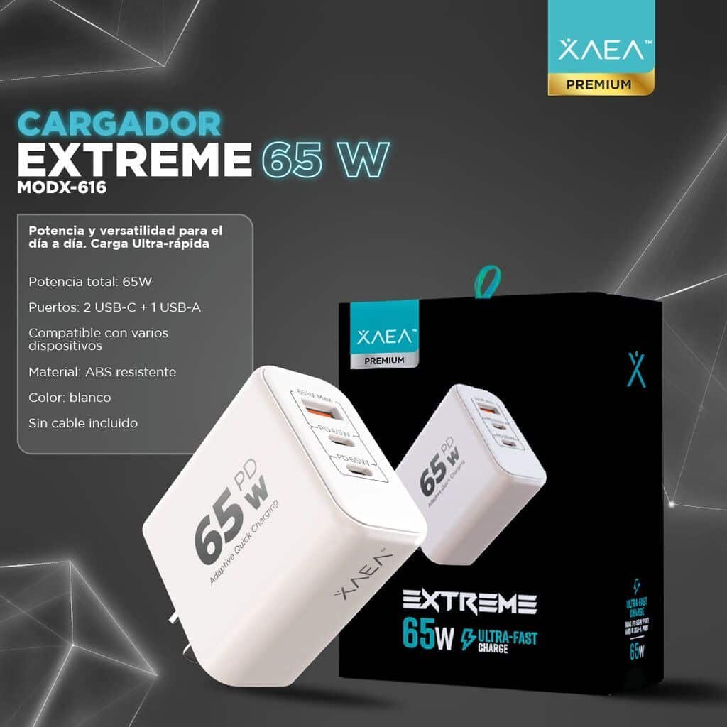 CABEZAL ** XAEA EXTREME ** 65W (SIN CABLE) CARGADOR - Carga ULTRA RAPIDA - ENCHUFE PREMIUM / Entrada USB + Tipo C x 2