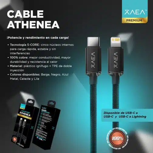 Cable XAEA ATHENEA Tipo " C " a Lightning Carga Ultra Rapida Reforzado Iphone