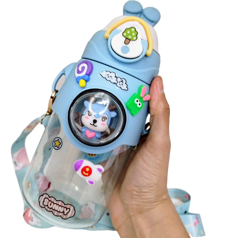 BOTELLA RIGIDA RABBIT * CELESTE * 750 ML KAWAII SISTEMA DE PICO C/ STIICKERS PERSONALISABLE (EXCELENTE CALIDAD)