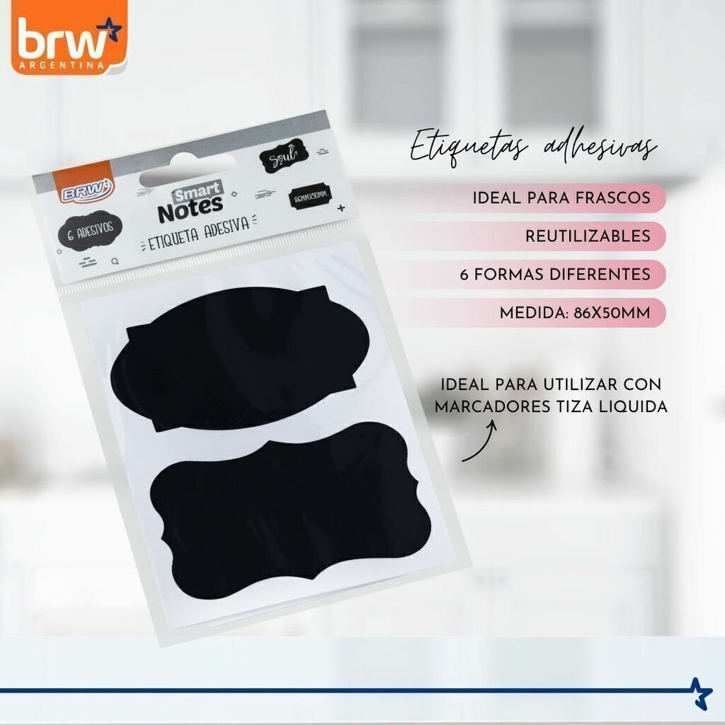 Notas Adhesivas BRW * PARA FRASCOS * NEGRAS X 6 UNIDADES