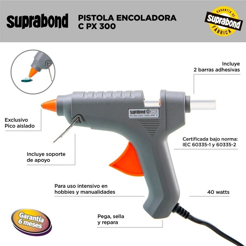 Pistola Encoladora " SUPRABOND " Grande 40 W (super Potente) + 2 barras de silicona de Regalo!