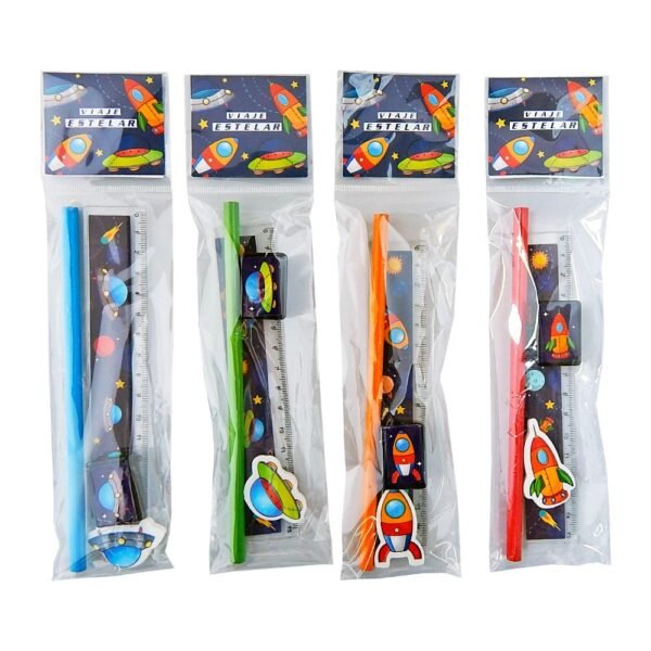 Set Escolar "Viaje Estelar" (Lapiz + Sacapunta + Borrador + Regla)