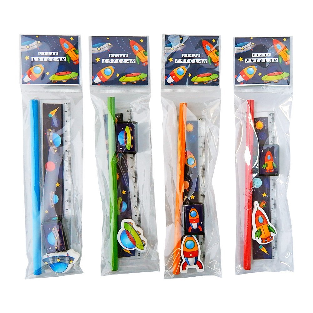 Set Escolar "Viaje Estelar" (Lapiz + Sacapunta + Borrador + Regla)