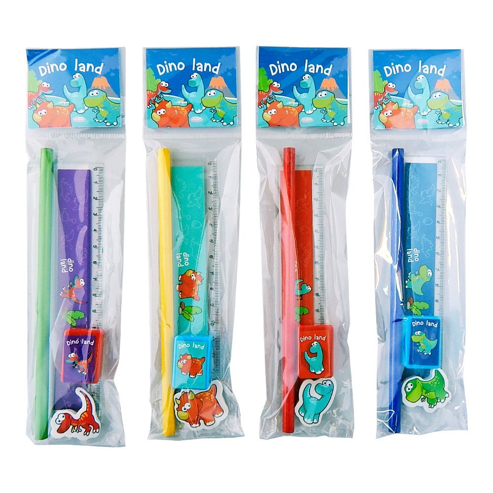 Set Escolar "Dino Land" (Lapiz + Sacapunta + Borrador + Regla)