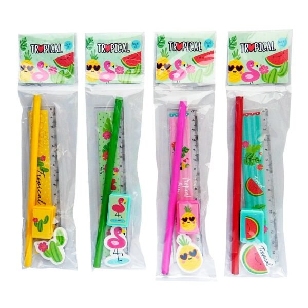 Set Escolar "Tropical" (Lapiz + Sacapunta + Borrador + Regla)