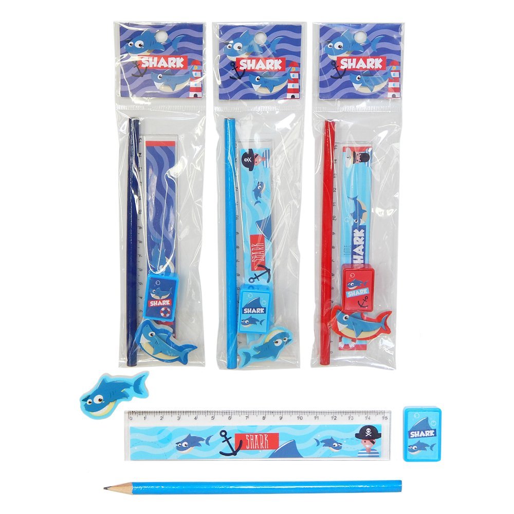 Set Escolar "Shark" (Lapiz + Sacapunta + Borrador + Regla)